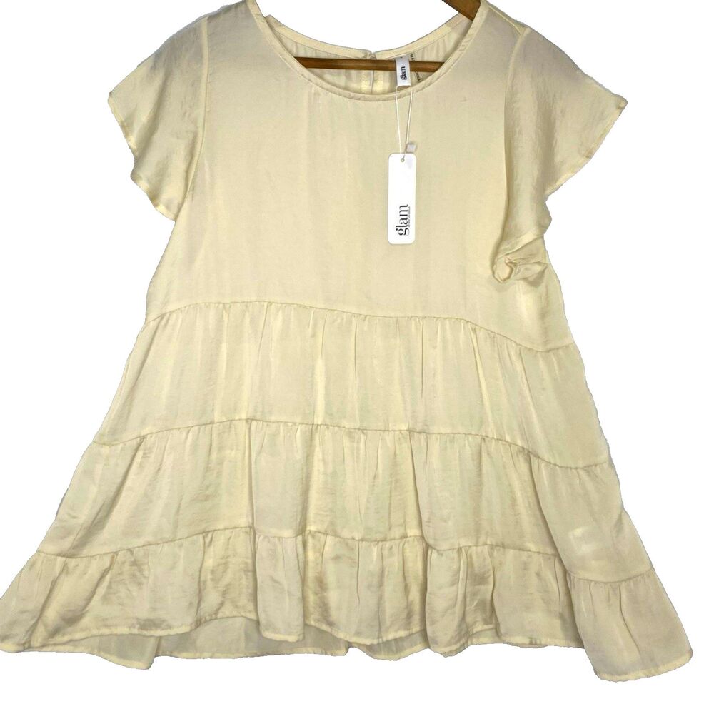 Glam Semi-Sheer Blouse Womens S Babydoll Tiered Short Flutter Sleeve Cream NWT